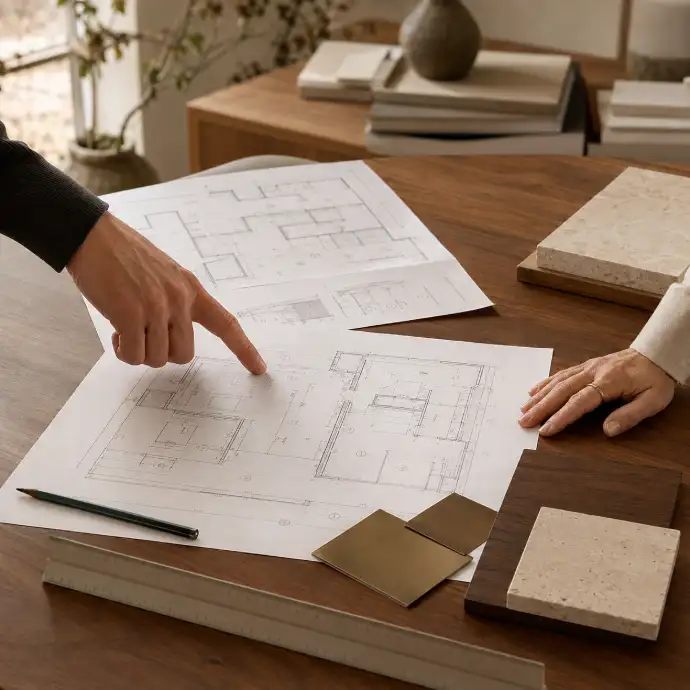 Lighting plans and material samples being reviewed during a project consultation.