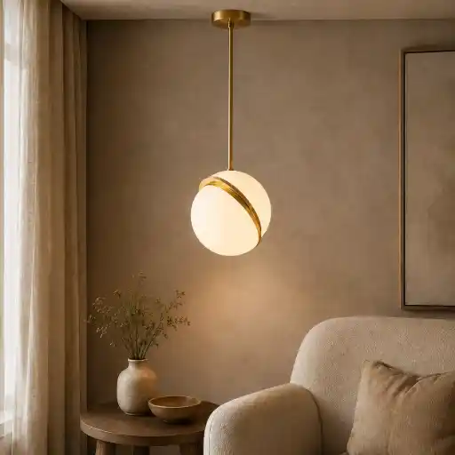 White-and-gold globe pendant light illuminating a warm neutral seating nook.