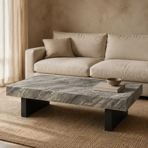 Rectangular grey marble coffee table with black panel legs in a warm neutral living room.